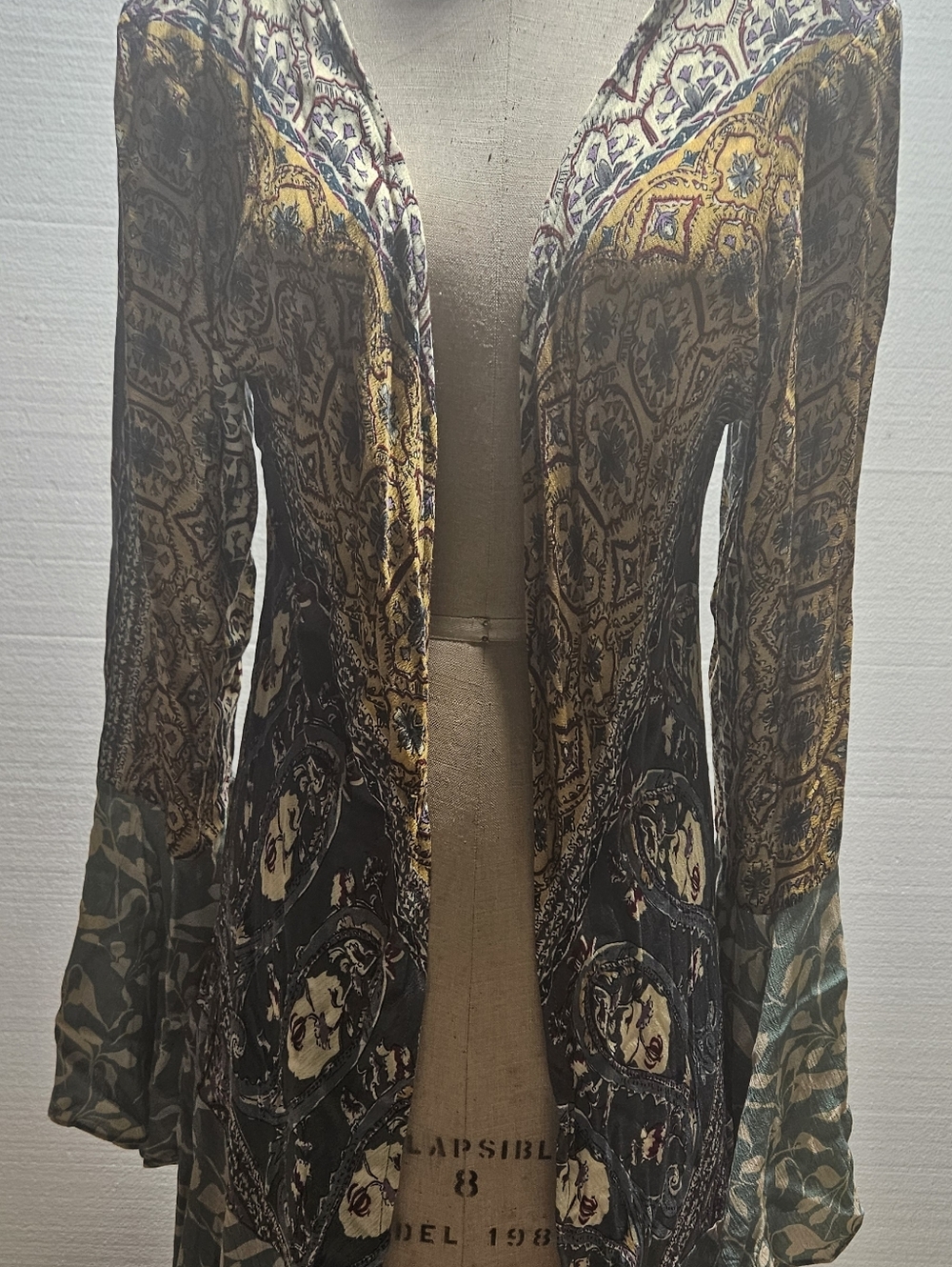 Bohemian Paisley and Floral Long Kimono or Maxi Duster Size S Navy Yellow Teal